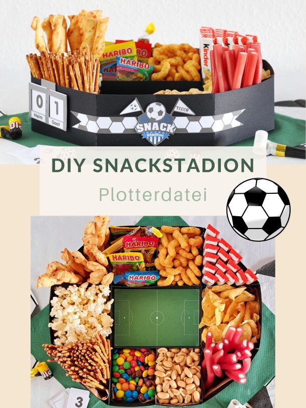 Ein mit Süßigkeiten und Knabbereien gefülltes Snackstadium aus Tonkarton.